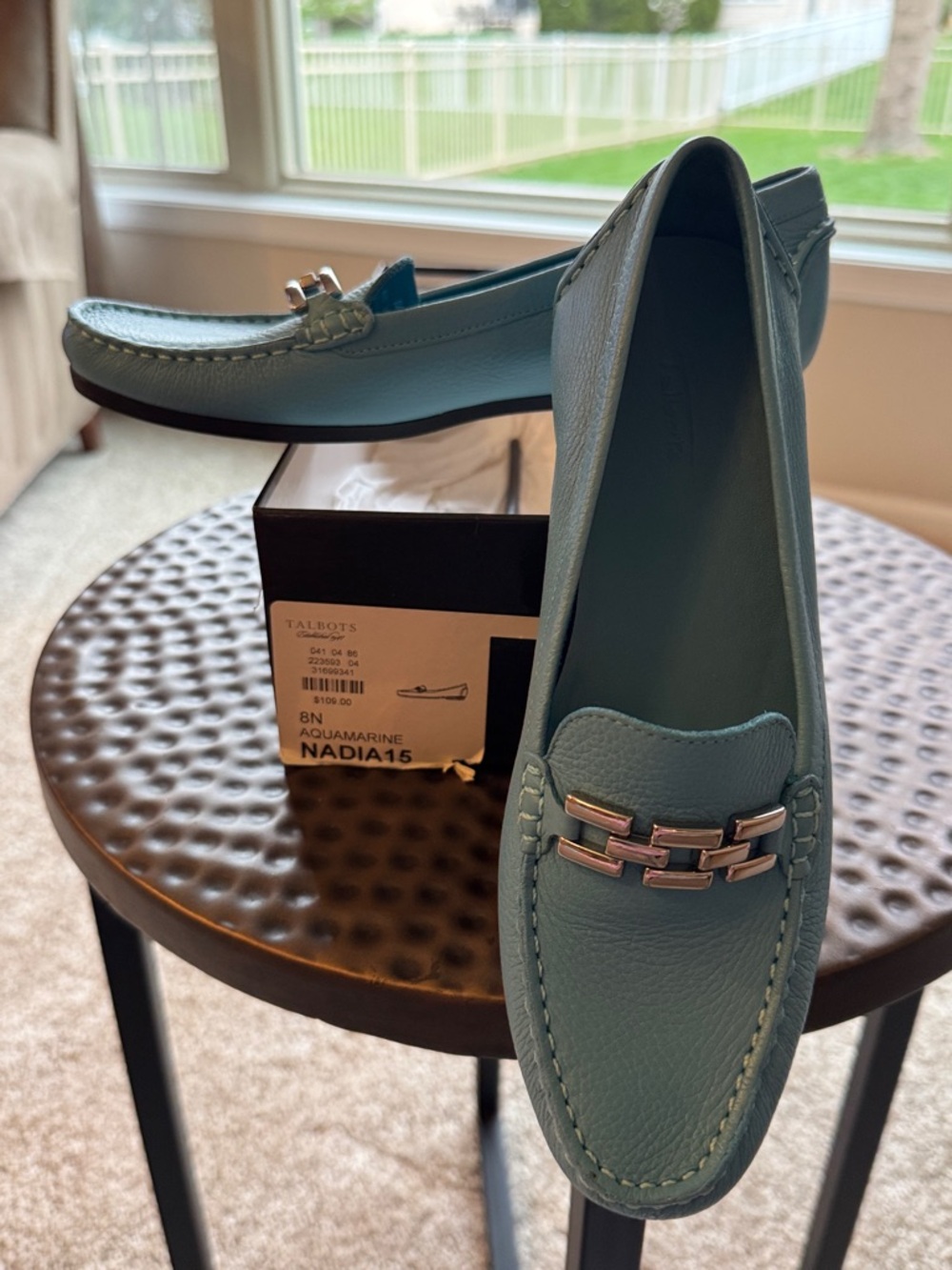 Talbots Aquamarine Leather Driving Loafers with Silver Chain